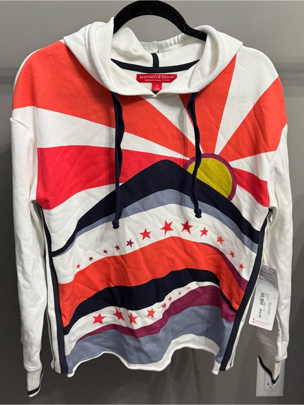 Krimson Klover White Pullover Hoodie with Red, Navy, Yellow - Size S(NWT)